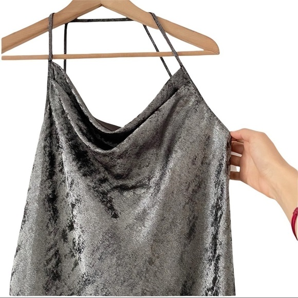 HALSTON Cowl Neck Metallic Slip Mini Dress in Gunmetal - Picture 12 of 16